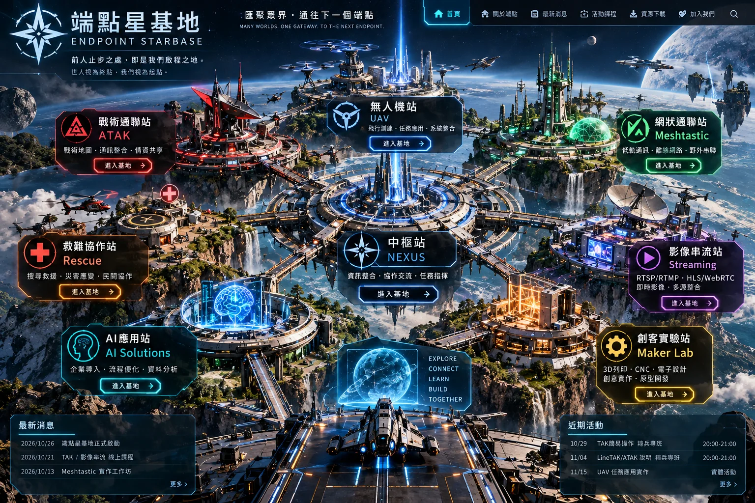 端點星基地七座技術建築連接中央指揮核心的科幻全景